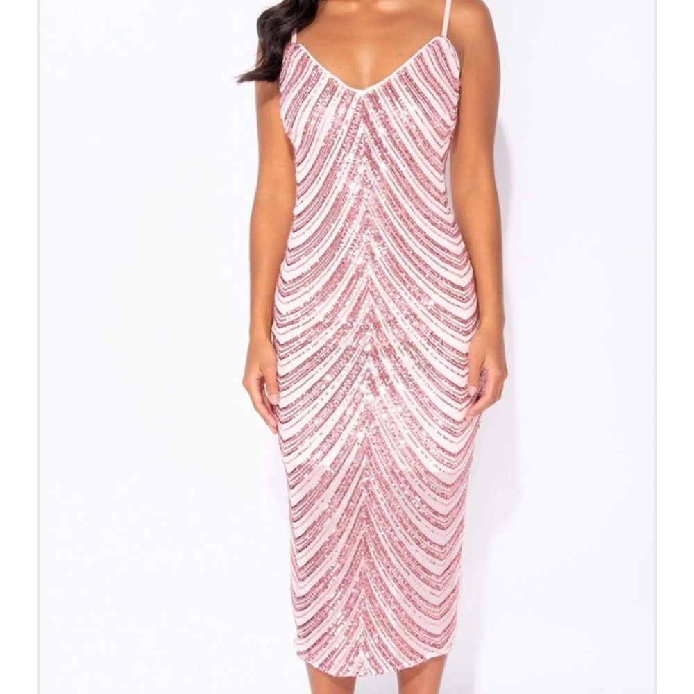 PINK SEQUIN CAMI STYLE BODYCON MIDI DRESS - Picture 4 of 7